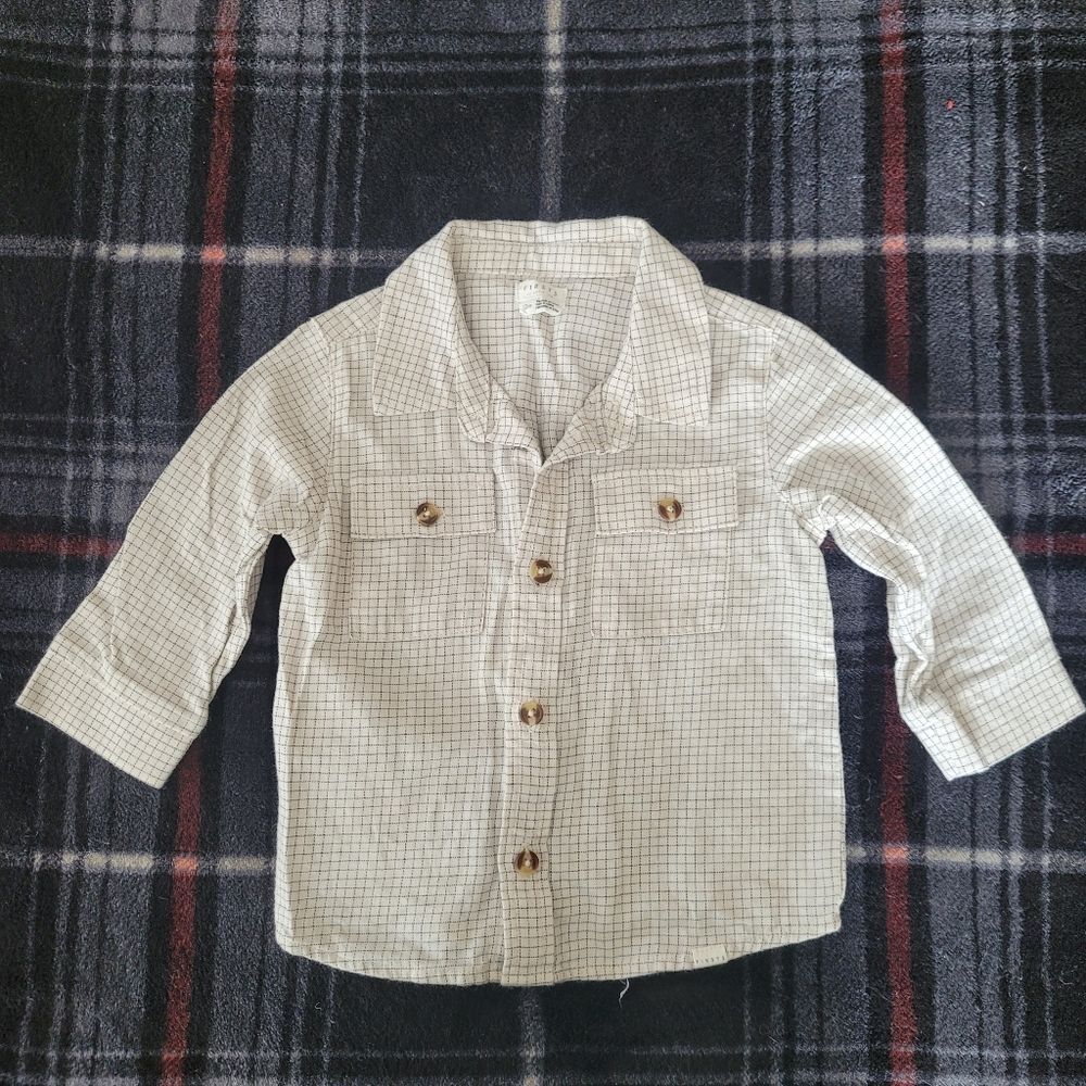FIRSTS by Petit Lem size 12 months white blue pattern button up shirt